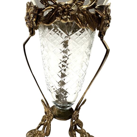 Intricate Ornate Floral Brass Stand Diamond Pattern Clear Glass Flared Cone - Picture 5 of 6